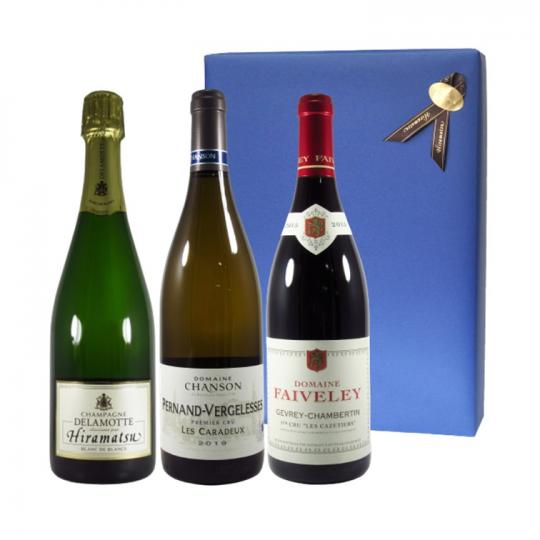 【ギフト箱付き】シャンパーニュとブルゴーニュ1級畑紅白ワイン3本ギフトセット